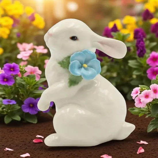 Ceramic White Rabbit with Blue Pansy Flower Figurine, Home D&eacute;cor, Gift for Her, Gift for Mom, Kitchen D&eacute;cor, Spring D&eacute;cor, Easter D&eacute;cor {2}