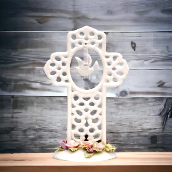 Ceramic Cross with Dove Bird and Flowers Figurine, Christmas D&eacute;cor, Religious D&eacute;cor, Religious Gift, Church D&eacute;cor, Baptism Gift {2}