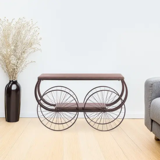 Vintiquewise Industrial Wagon Style Console Table Rustic Wood Top Large Spoke Metal Wheels & Lower Storage Shelf Vintage Accent Display Table for Hallway Entryway Dining Room Living Room or Home Bar {3}