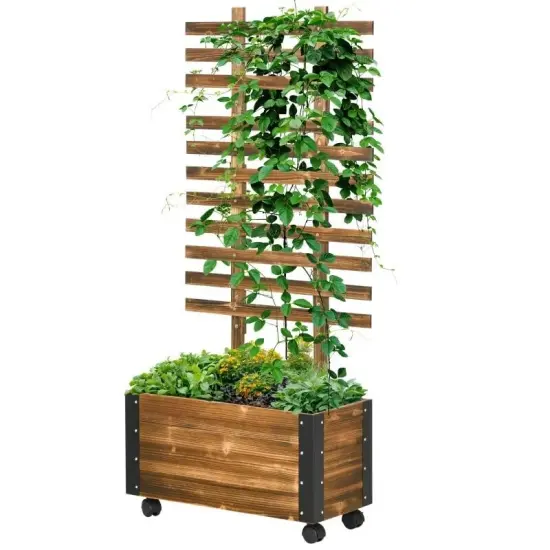 Wheeled Wooden Raised Garden Bed with Trellis for Outdoor Plants {1}