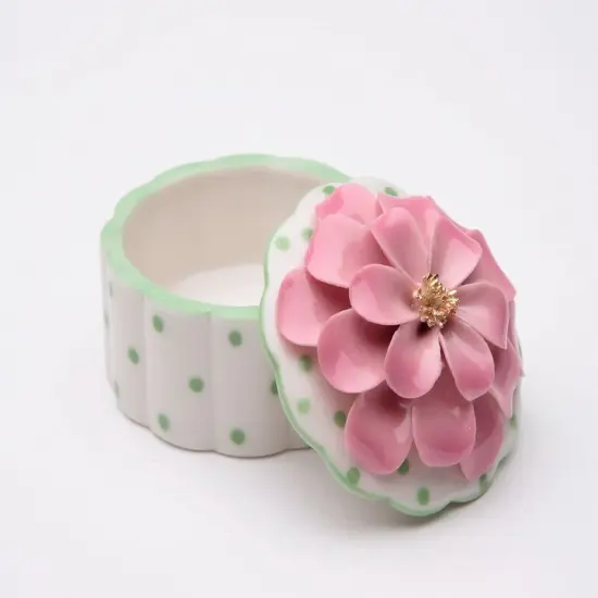 Ceramic Dotted Jewelry Box with Pink Flower, Home D&eacute;cor, Gift for Her, Gift for Mom, Spring D&eacute;cor, Vanity Decor {3}