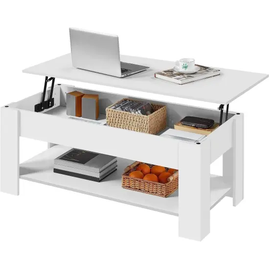 47.5" Modern White Wooden Lift Top Coffee Table with Hidden Storage and Shelf {1}