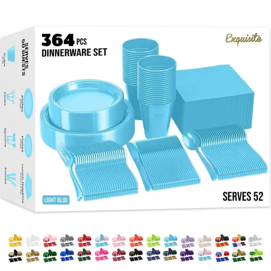 Exquisite 350 Pcs Plastic Plates for Party &ndash; Disposable Plates Set &ndash; 50 Each of 9" Dinner Plates, 7" Dessert Plates, Plastic Cups, Napkins & Plastic Cutlery &ndash; Plastic Dinnerware by Party Solids Light Blue {1}