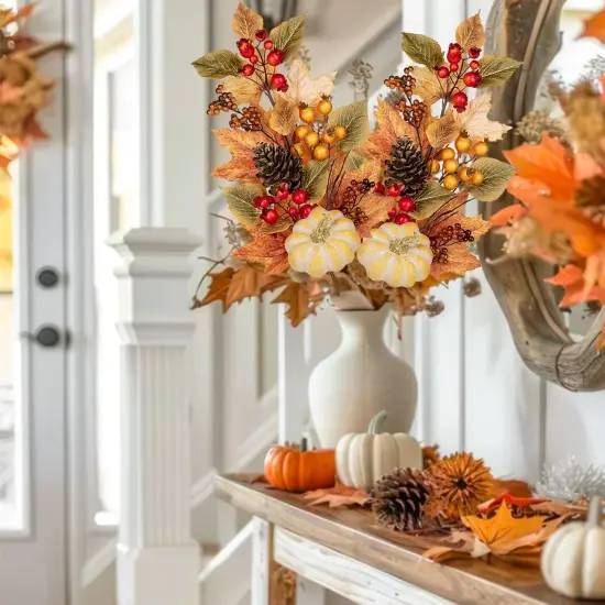 2PCS Artificial Pumpkin Pine Cone Maple Beech Leaves with Red Berries {5}