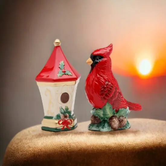 Ceramic Cardinal Bird & Bird House Salt & Pepper Shakers, Gift for Her, Gift for Mom, Kitchen Décor, Birdwatcher Gift, Christmas Decor {2}