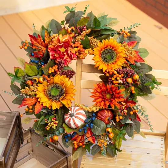 24 Inch Fall Autumn Wreath with Pumpkins {2}