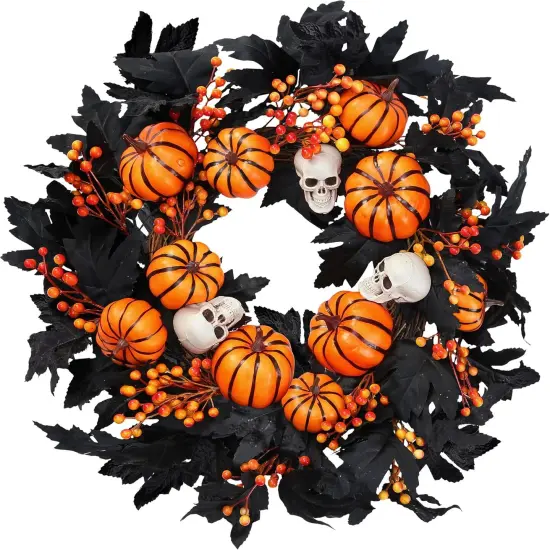 Halloween Wreath with Artificial Pumpkin Handmade Black Maple Leave Skull Pumpkin Orange Berries 20''Front Door Decorations for Indoor Outdoor Home Halloween Festival Decoration {1}