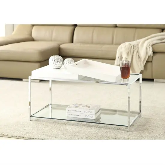 Modern Chrome Coffee Table with Removable White Trays and Glass Shelves for Living Room {3}