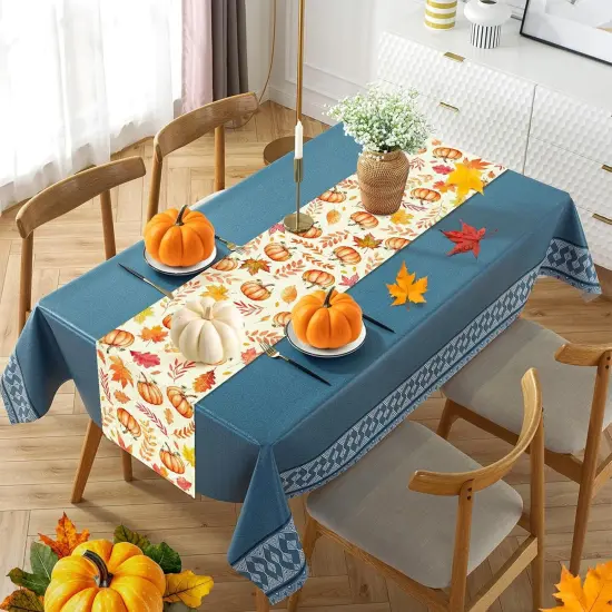 Pumpkin Fall Table Runner, Maple Leaf Autumn Thanksgiving - (Orange 2, 13x72 Inches) {4}