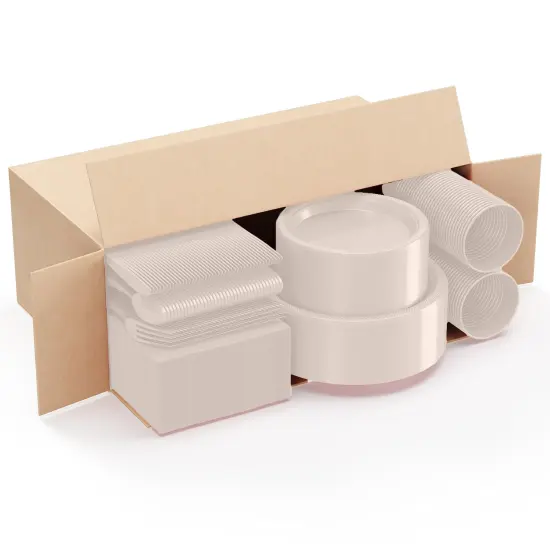 Exquisite 350 Pcs Plastic Plates for Party &ndash; Disposable Plates Set &ndash; 50 Each of 9" Dinner Plates, 7" Dessert Plates, Plastic Cups, Napkins & Plastic Cutlery &ndash; Plastic Dinnerware by Party Solids Ivory {3}