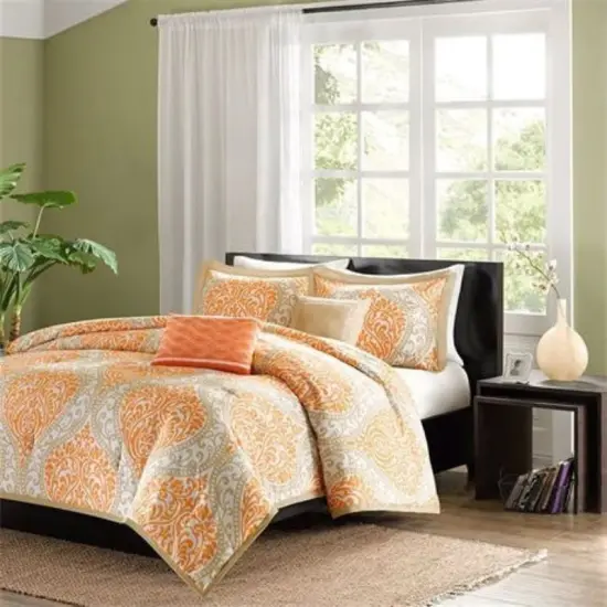 Twin Damask Comforter Set 4 Piece Orange and White Bedding {4}