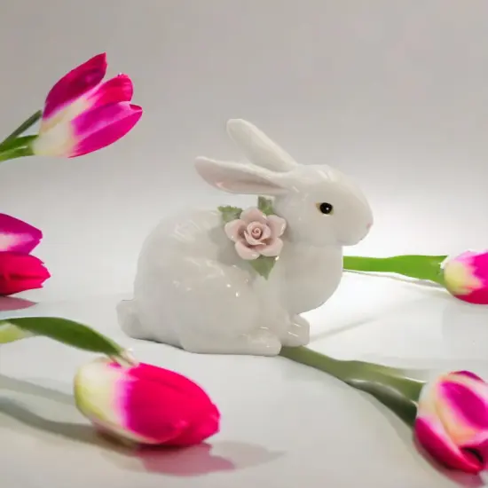 Springtime Bunnies: Easter Bunny Rabbit Crouching with Pink Rose Flower Figurine {1}