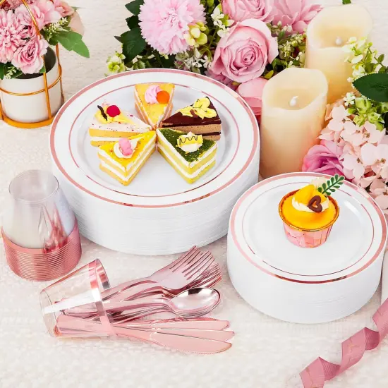 Disposable Dinnerware Set &ndash; 25, 50, 75, 100 Guest Options, Plastic Plates, Cups & Silverware for Wedding & Party {6}