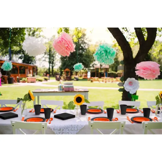 Exquisite 350 Pcs Plastic Plates for Party &ndash; Disposable Plates Set &ndash; 50 Each of 9" Dinner Plates, 7" Dessert Plates, Plastic Cups, Napkins & Plastic Cutlery &ndash; Plastic Dinnerware by Party Solids Orange & Black {5}