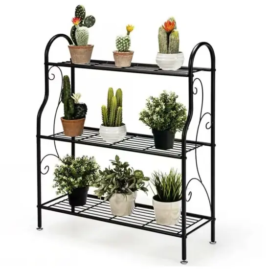 Black Metal 3-Tier Bookcase Plant Stand Indoor Outdoor Storage Rack {1}