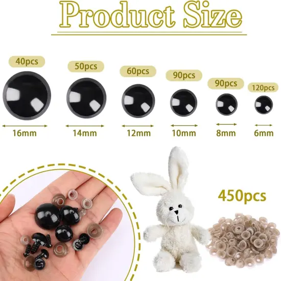900 Pieces 6-16MM Black Plastic Safety Eyes with Washers for Crochet {2}