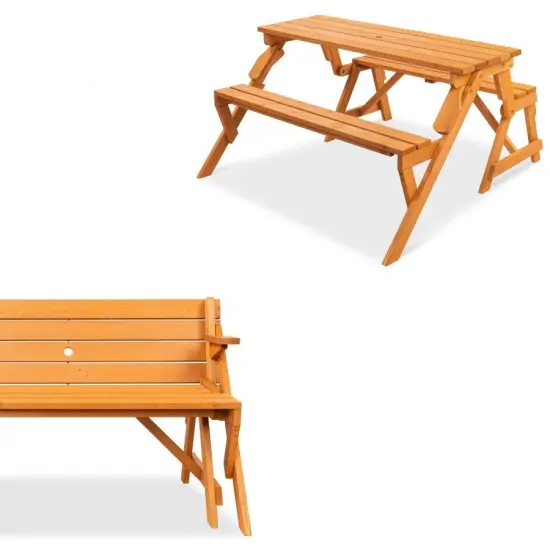 2-in-1 Wooden Picnic Table Bench Outdoor Convertible Furniture with Umbrella Hole for 2-4 People {3}