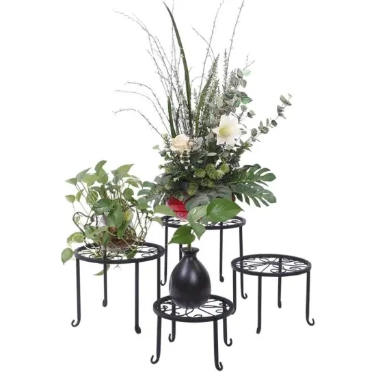 Set of 4 Metal Plant Stands with Floral Cutouts for Home and Garden {1}