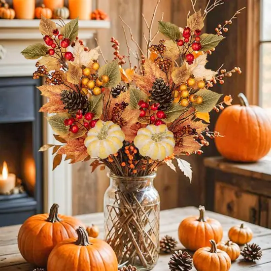 2PCS Artificial Pumpkin Pine Cone Maple Beech Leaves with Red Berries {3}