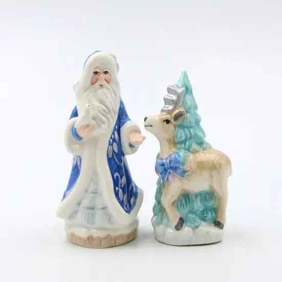 Hand Painted Ceramic Blue Santa Claus with Reindeer & Tree Salt and Pepper Shakers, Home Décor, Gift for Her, Gift for Mom, Kitchen Décor {2}
