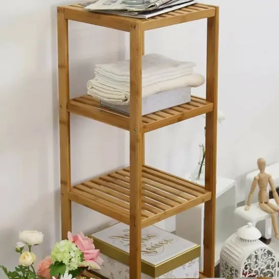 Solid Wood 4-Tier Bathroom Shelf with Natural Wicker Drawer Freestanding Storage Organizer for Towels, Toiletries & Decor {5}
