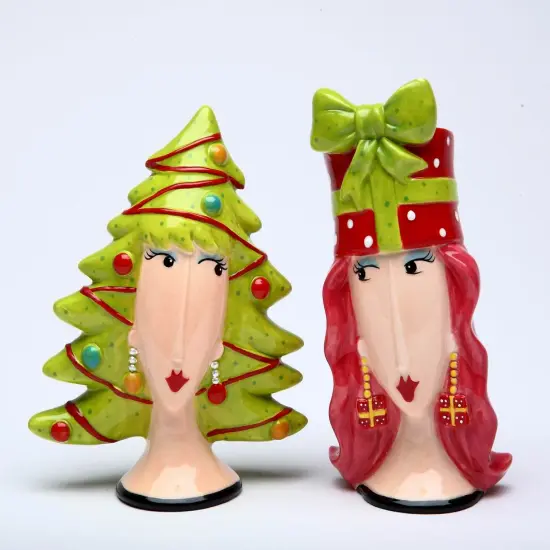 Ceramic Lady Wigs Christmas Tree And Gift Salt & Pepper Shakers, Gift for Her or Mom, Gift for Friend, Gift for Coworker, Kitchen D&eacute;cor {3}