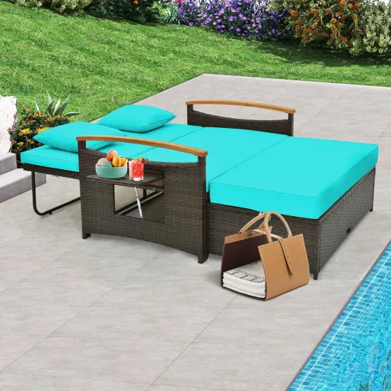Costway Patio Rattan Daybed Set with Cushioned Loveseat & Storage Ottoman for Porch Beige/Navy/Red/Turquoise/Black/Gray {2}