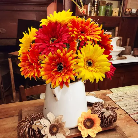 14 Pcs Mums Artificial Flowers Fall Floral Arrangement - (Orange Yellow Red) {4}