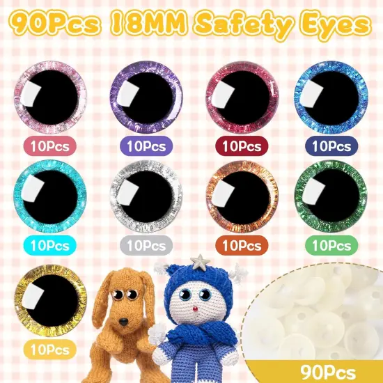 180pcs 18mm 3D Glitter Plastic Safety Eyes with Washers (9 Colors) {2}