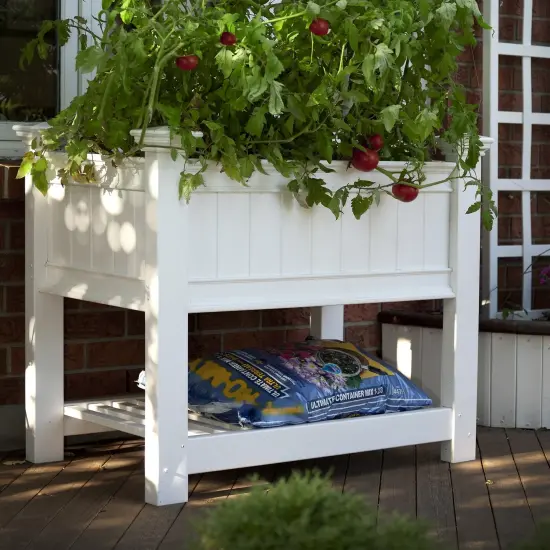 White Vinyl Elevated Raised Garden Bed with Shelf for Easy Gardening {1}
