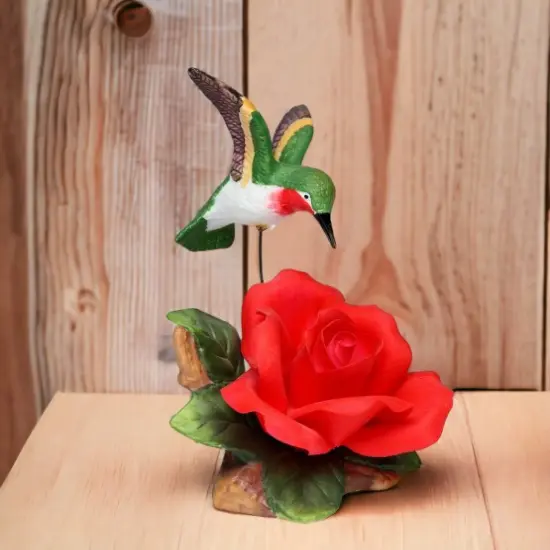 Ceramic Hummingbird with Red Rose Flower Figurine, Home D&eacute;cor, Gift for Her, Gift for Mom, Kitchen D&eacute;cor, Birdwatcher Gift {2}