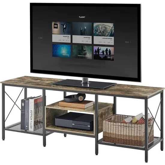 Industrial Farmhouse Metal Wood TV Stand with Media Storage Shelves {1}