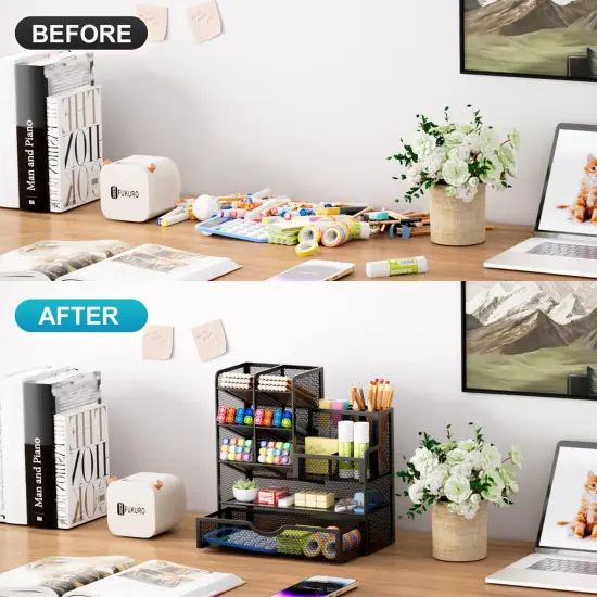 Marbrasse Mesh Pen Holder for Desk, Multi-Functional Pencil Organizer with Drawer, Desk Organizers and Accessories for Office Art Supplies (Black) {5}
