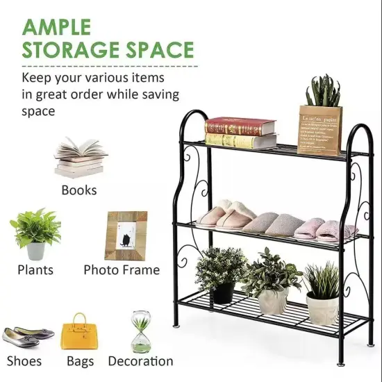 Black Metal 3-Tier Bookcase Plant Stand Indoor Outdoor Storage Rack {4}