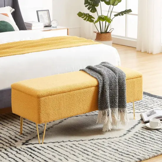 Fabric End of Bed Storage Bench with Gold Hairpin Legs and Cushioned Seat Yellow {1}