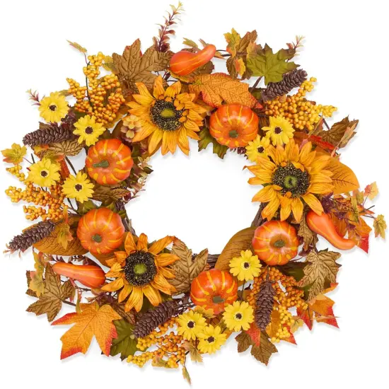 24 Inch Fall Wreaths for Front Door Outside, Pumpkins Thanksgiving Wreath, {1}