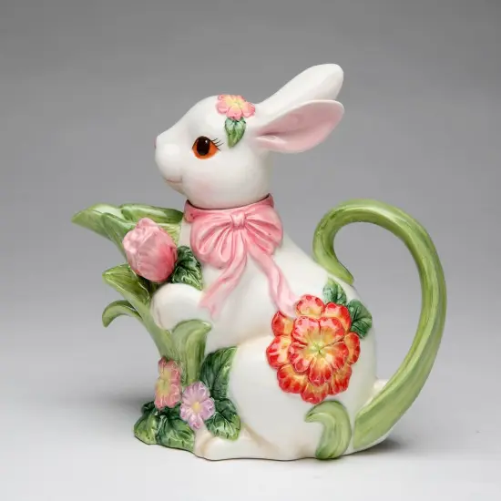 Ceramic Easter Bunny Rabbit with Flowers Teapot, Gift for Her, Gift for Mom, Tea Party D&eacute;cor, Caf&eacute; D&eacute;cor, Spring Decor {3}