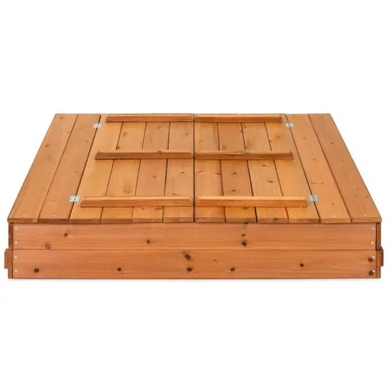 Brown Cedar Wood Kids Sandbox with Split Cover abd Built-In Benches for Outdoor Play {4}