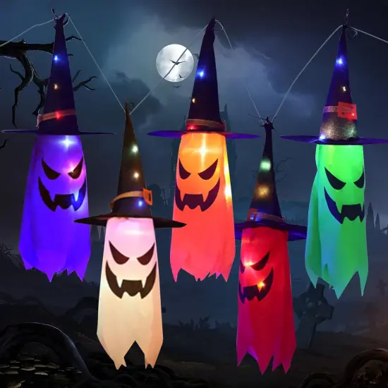 10ft String of 5 Lighted Hanging Ghost with Witch Hats {1}