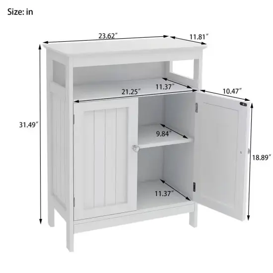 2-Door Bathroom Linen Cabinet with Storage Shelf in White Wood Finish {3}