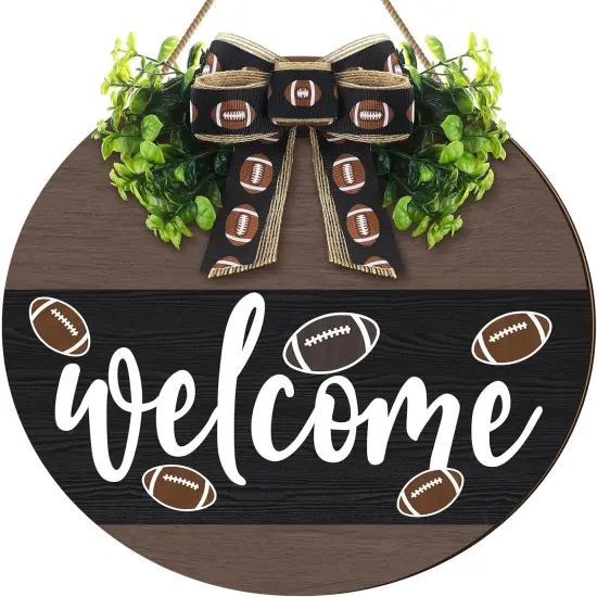 Hello Fall Football Sign for Front Door Thanksgiving Wooden Hanging Sign Fall Welcome Wreaths with Bow Turkey Farmhouse Wall Decoration for Home Autumn Harvest Front Porch Decor(Football) {1}