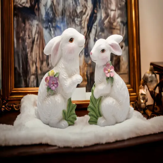 Springtime Bunnies: Cute Easter Rabbits with Flowers Figurines, Set of 2 {1}