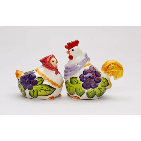 Ceramic Tuscany Rooster & Hen Salt and Pepper with Grape Theme, Farmhouse Kitchen Decor, Winery Decor, Gift for Wine Lover {2}