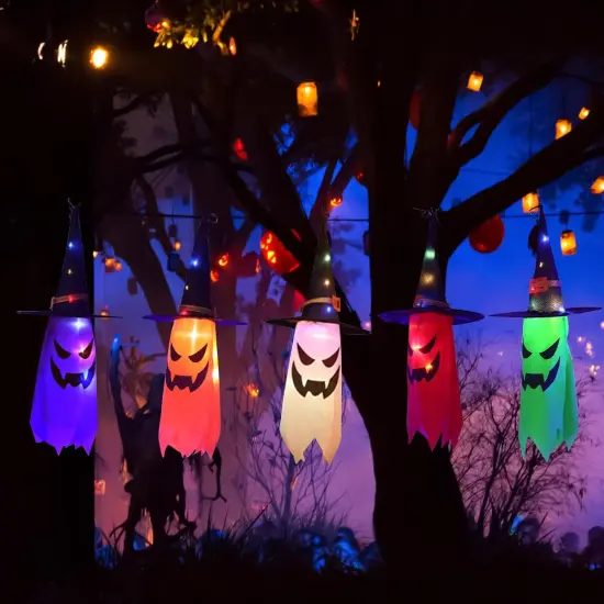 10ft String of 5 Lighted Hanging Ghost with Witch Hats {5}