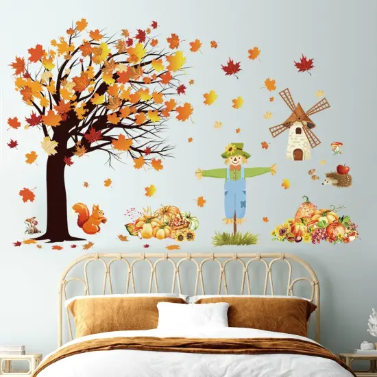 Fall Maple Leaves Wall Decals Autumn Pumpkin Scarecrow Wall Stickers {3}