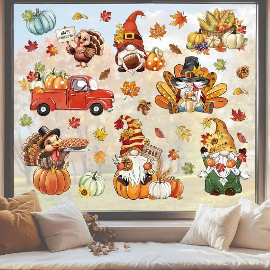 Fall Gnome Window Clings - Thanksgiving Turkey Pumpkin Red Truck {3}