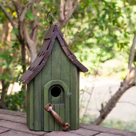 Dark Green Wood Hanging Birdhouse with Shingle Roof and Back Clean Out Panel {4}