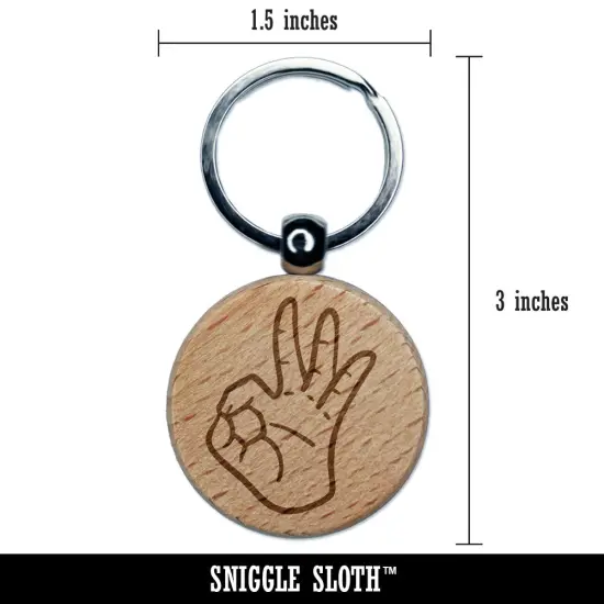 OK Okay Hand Sign Engraved Wood Round Keychain Tag Charm {2}