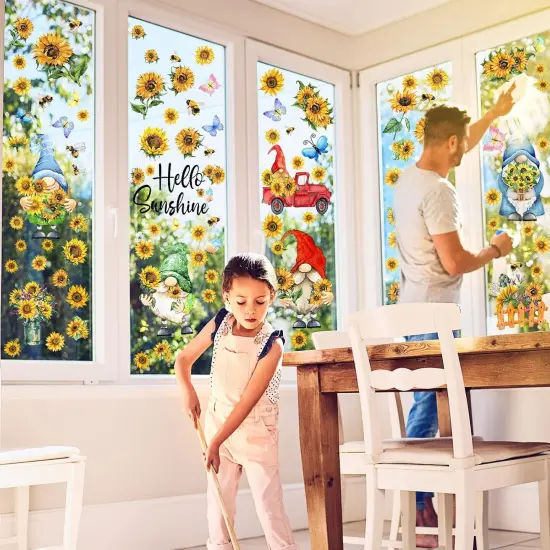 122 Pcs 6 Sheets Summer Wall Stickers Window Clings Gnome Sunflower Wall Decals {4}