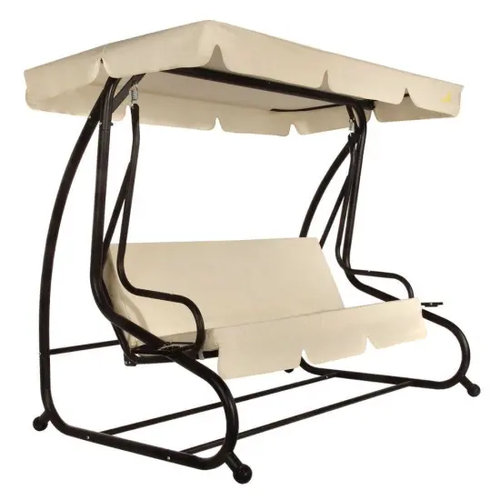 3-Seat Outdoor Canopy Swing with Beige Cushions for Patio Deck {1}
